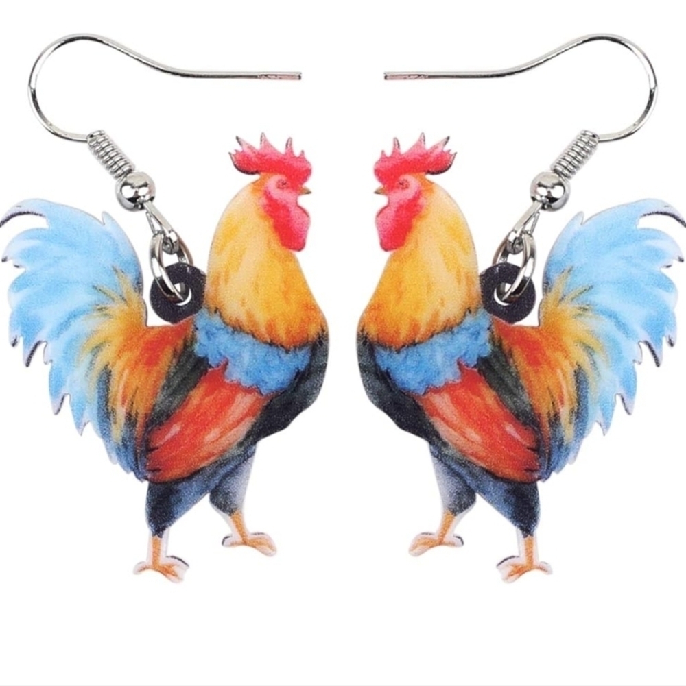 Vibrant Artistic Rooster Earrings with Colorful Feathers